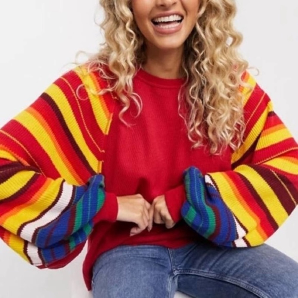 Free People Rainbow Dreams Pullover Red Knit Sweater M